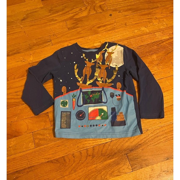 Mini Boden Santas Sleigh Blue Long Sleeve Top Size 4/5 - Picture 1 of 5